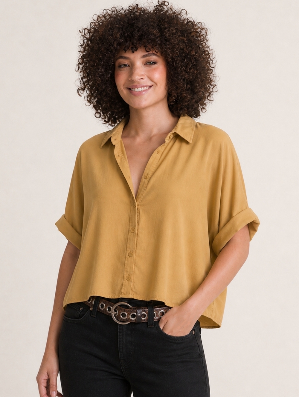 Forever 21 Mustard Cropped Button Front Blouse Rolled Sleeve Top Size M